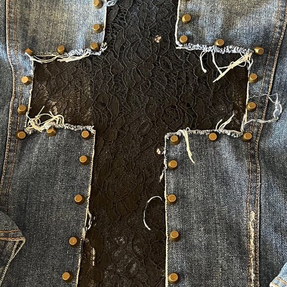 Rehab Denim Jean Jacket Punk Rock Lace Cross On Back Womens Small - Picture 5 of 8